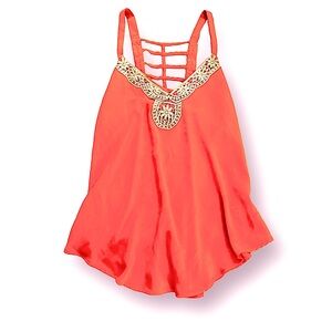 Neon Coral Tank Top with crochet racer back